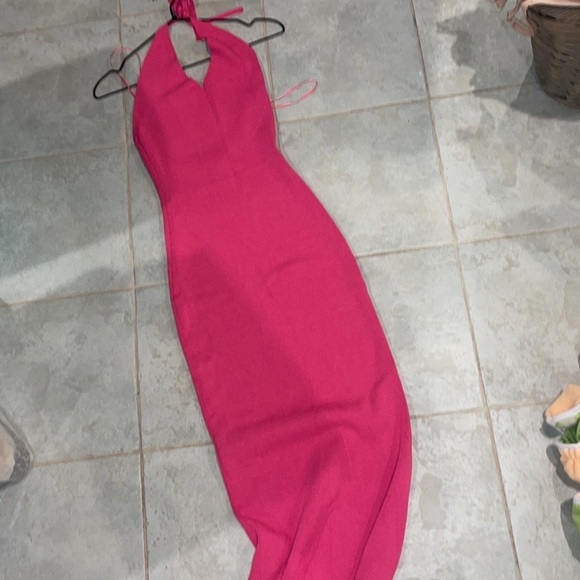 HOT Pink halter ribbed midi dress szS/M Barbie Barbiecore bodycon party vacation - Picture 13 of 14